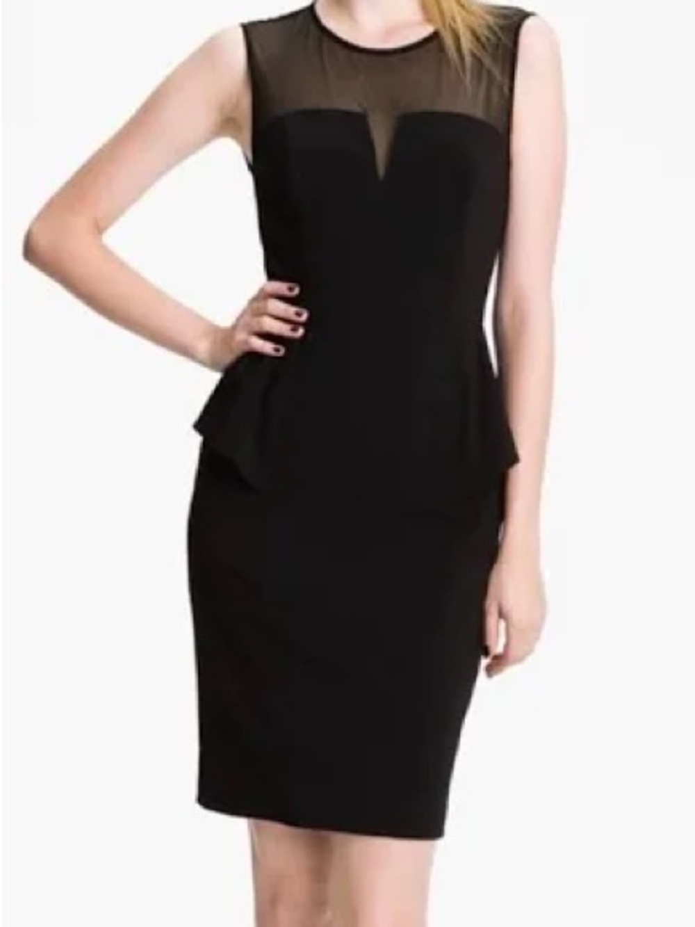 Aidan Mattox Black Sheer Yoke Peplum Midi Dress